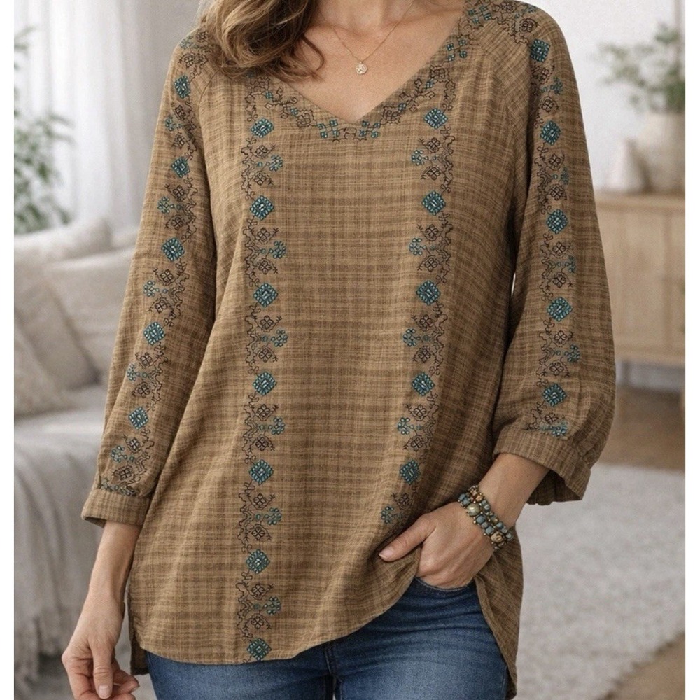 Pure Jill Women Tunic Top L  Green Embroidered Boho Cottage 3/4 Slv Workwear NWT